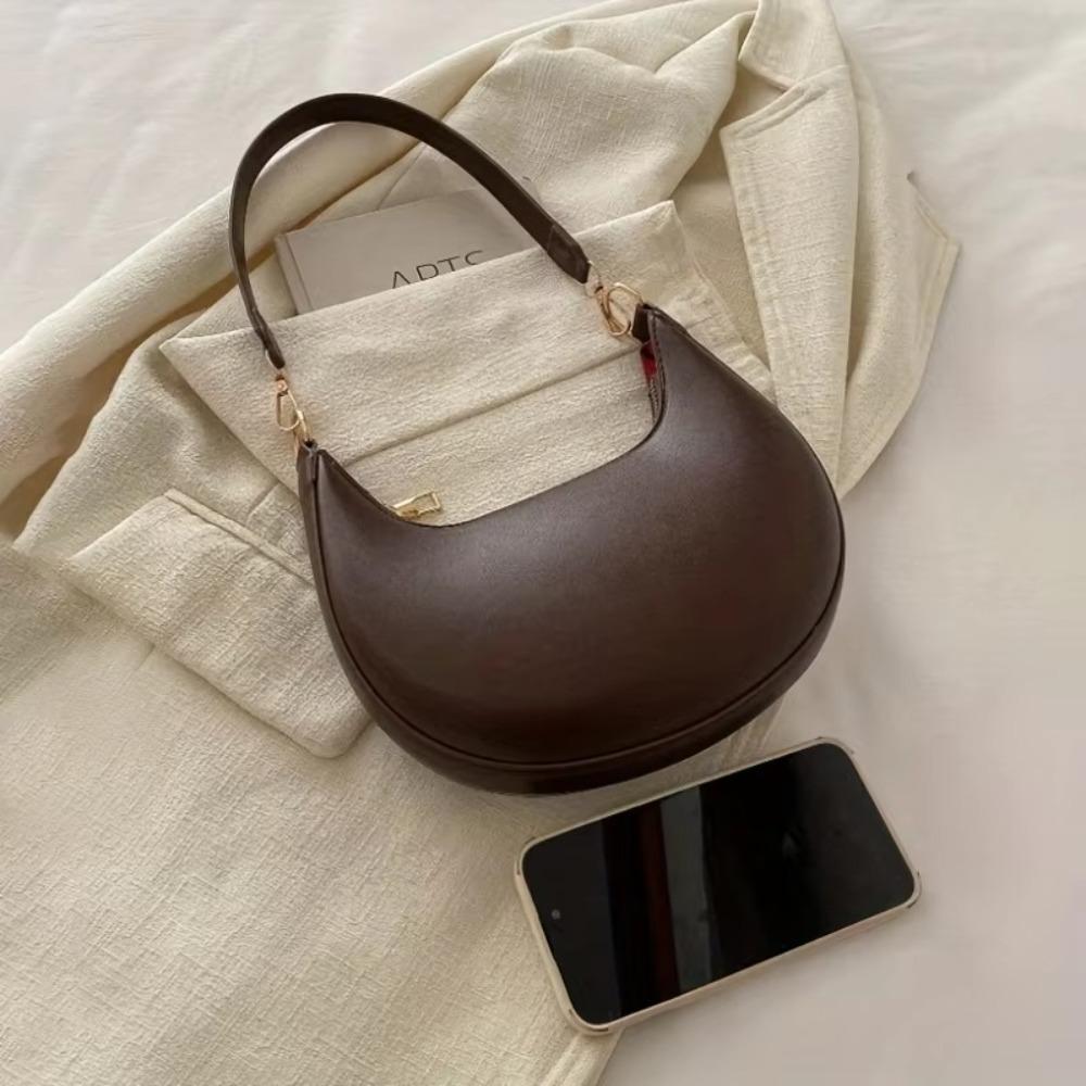 Fashion PU Leather Shoulder Bag Large Capacity Solid Color Underarm Bag Moon-shaped Tote Handbag Women