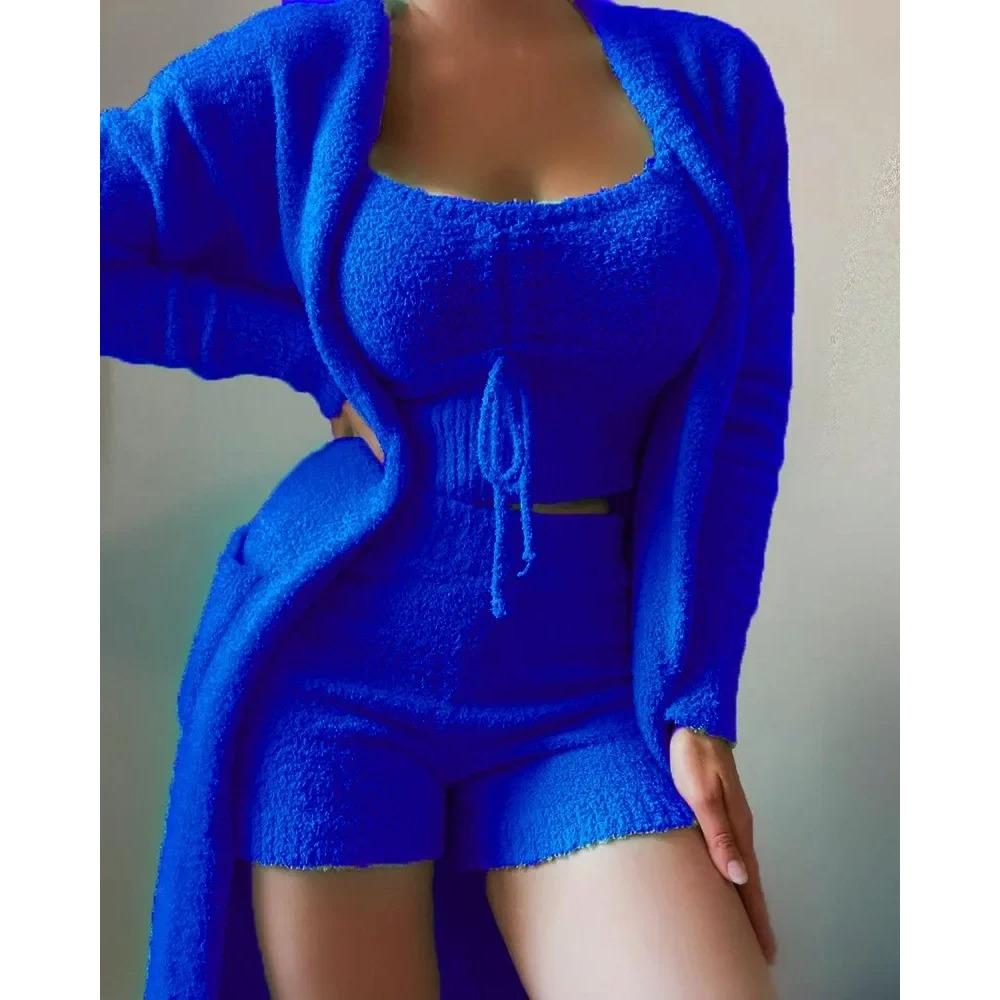 Nová Podzimní Zimní Dámská Sametová Pyžamová Souprava Crop Top+Dlouhé Kalhoty+Župan 3dílný Oblek Teplé Měkké Fleecové Domácí Oblečení Pyžamo S-3XL