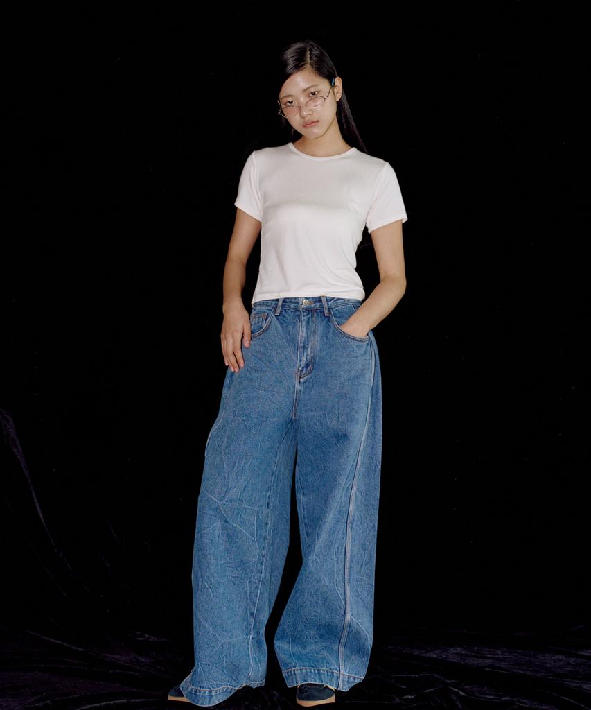Editeom Fold Wide Denim Pants - Blue