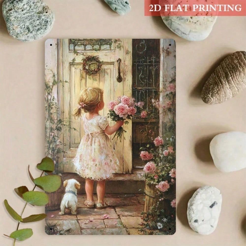 1pc Vintage 2D Iron Metal Wall Art Girl With Flowers 8x12 Inch Decorative Sign for Bedroom Garden
