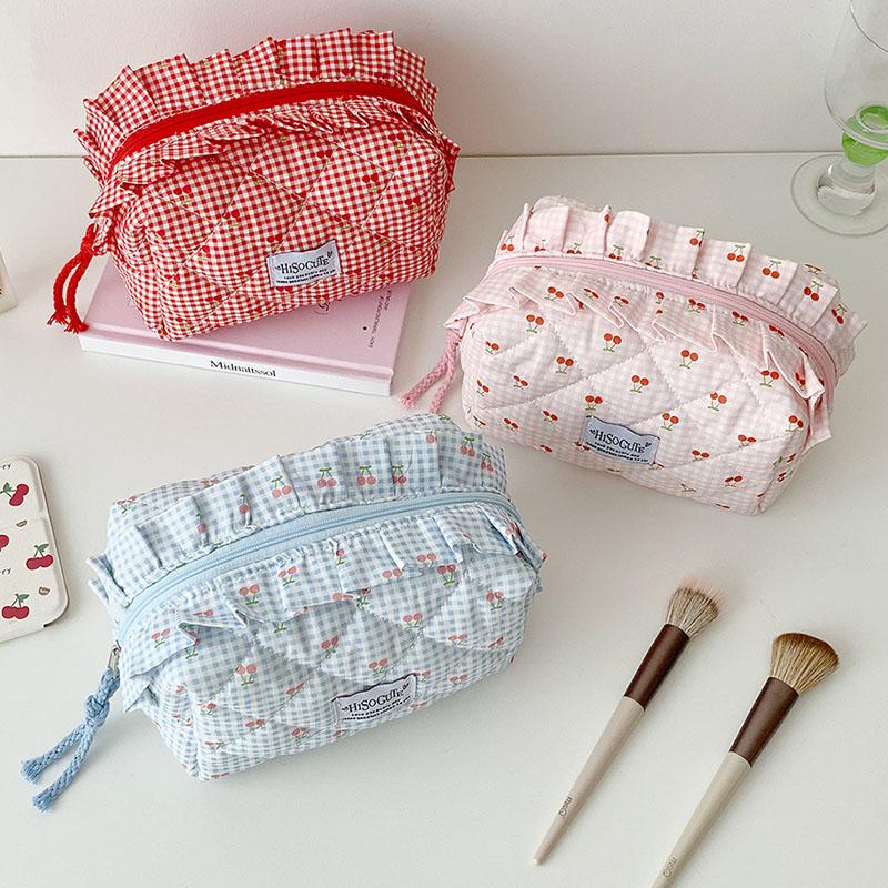 Ins Fresh Red Cherry Quilted Cosmetic Bag Fashion Small Large Toiletry Makeup Storage Bag Cute Lipstick Sanitary Napkin Case