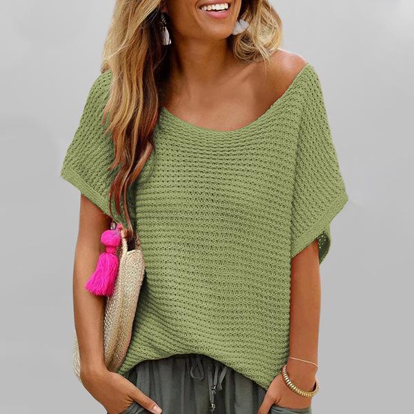 Fashion Casual Crew Neck Solid Color Knitted Sweater Loose Short Sleeve Women's Top