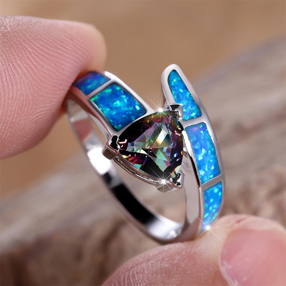 Mystic Rainbow Triangle CZ Stone Ring Blue Fire Opal Engagement Band Rings For Women Vintage Trendy CopperColor Wedding Jewelry