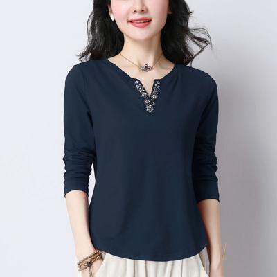 Damen Casual All-Match O-Ausschnitt Stickerei T-Shirt Mode Elegant Knopf Gespleißt Uni Langarm Oberteil Weiblich Frühling Herbst