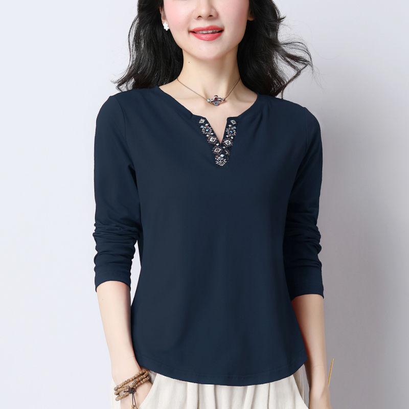 

Женская повседневная футболка с круглым вырезом, вышивкой, модная, элегантная, с пуговицами, вставками, однотонный топ с длинным рукавом, женская, весна-осень L королевский синий