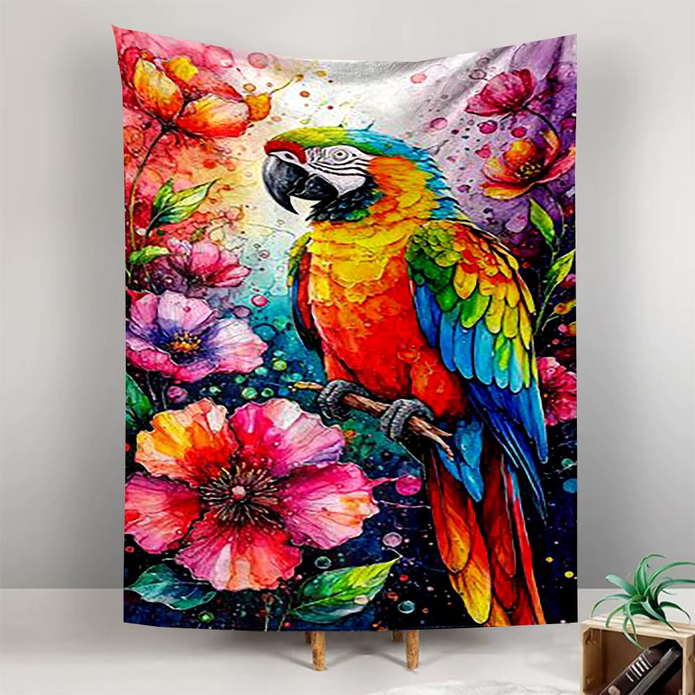 Colorful Parrot and Flowers Watercolor Art Patterned tapestry for bedroom and living room home decor