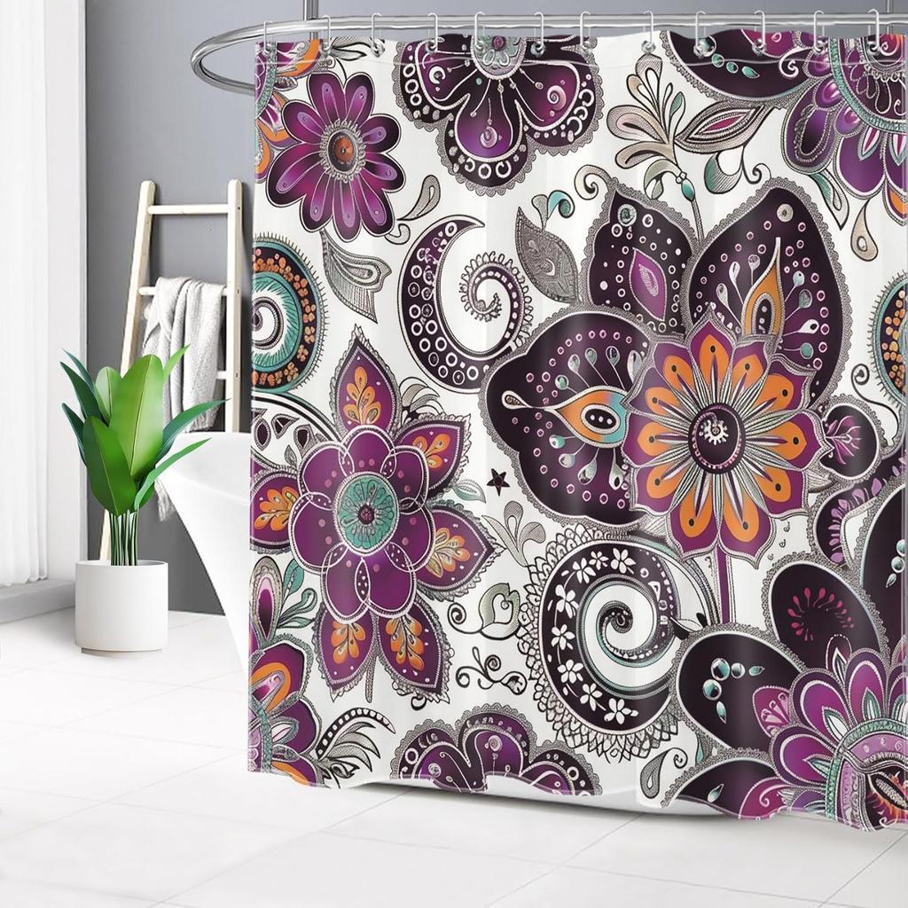 Bohemian Paisley Floral Shower Curtain Purple And Black Flower Pattern Boho Bathroom Shower Curtain Retro Abstract Bathroom