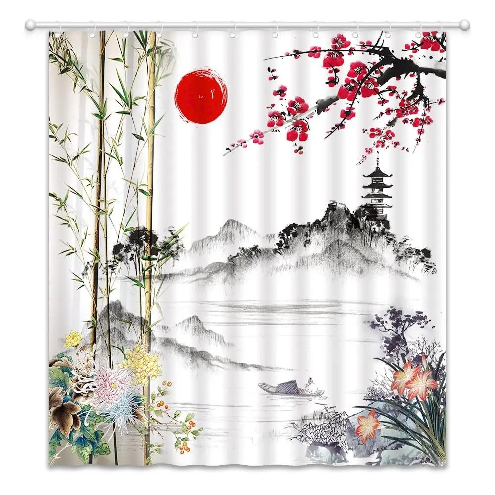 Landscape Shower Curtain Spring Season Pink Flower and Pavilion Scenery on Lake Chinese Style Bathroom Decor Hanging Curtain with Hooks