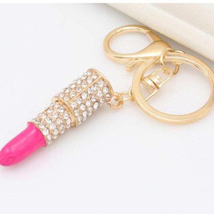 

Key Holder Lipstick Rhinestone Crystal Keyring Charm Pink Pendant Car Gold Color KeyChain Key Chain For Woman Gift 17205 золотой