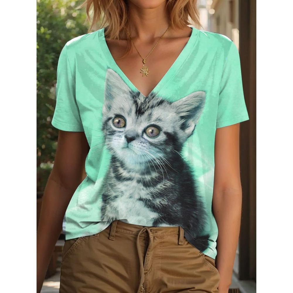 

Женская футболка с животным принтом, Классический ретро-стиль, Разные цвета, Летняя футболка с коротким рукавом и V-образным вырезом с принтом XL