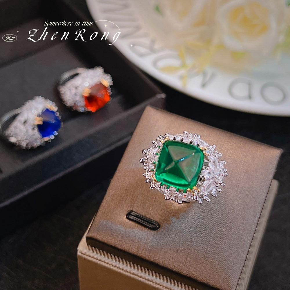 Women Vintage Emerald Sugar Loaf Ring Full Diamond Royal Blue Fanta Color Gemstone Heavy Work Jewelry