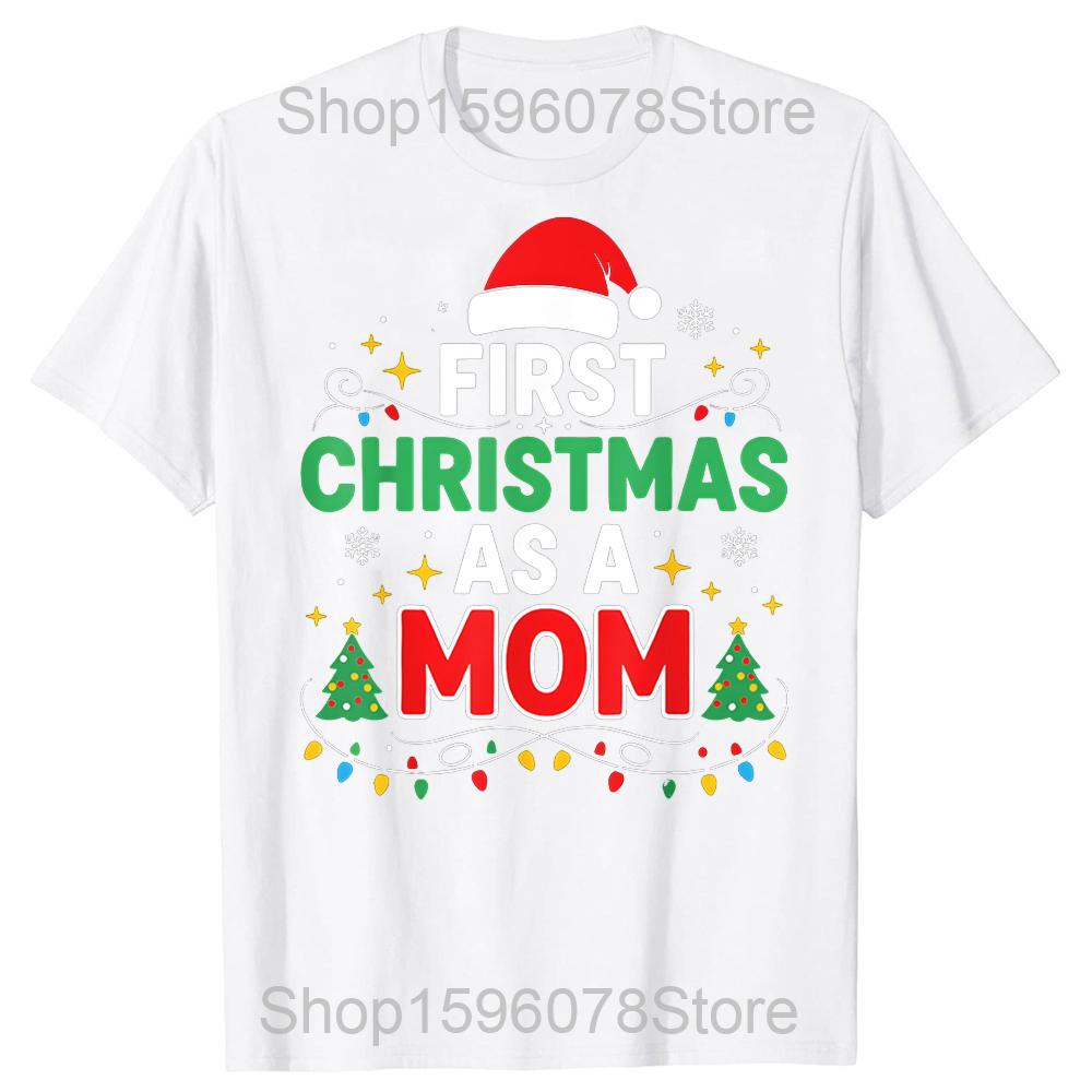 Erstes Weihnachten als Mama Familienpassende 1. Weihnachts-T-Shirts Herren 100% Baumwolle Locker Übergroß Rundhalsausschnitt Hip Hop T-Shirt
