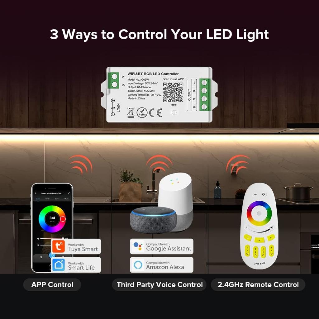 SEZO C03W WiFi Bluetooth RGB LED Strip Controller Group Control Support Tuya Smart Life APP/Voice Control Compatible with LM091 LM096 LM007 LM097 RGB