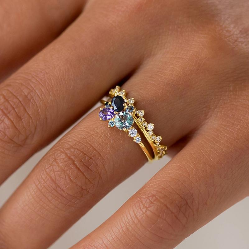 Huitan Multi Colored CZ Set Rings for Women Wedding Anniversary Party Luxury Elegant Lady Accessories Gold Color Fashion Jewelry