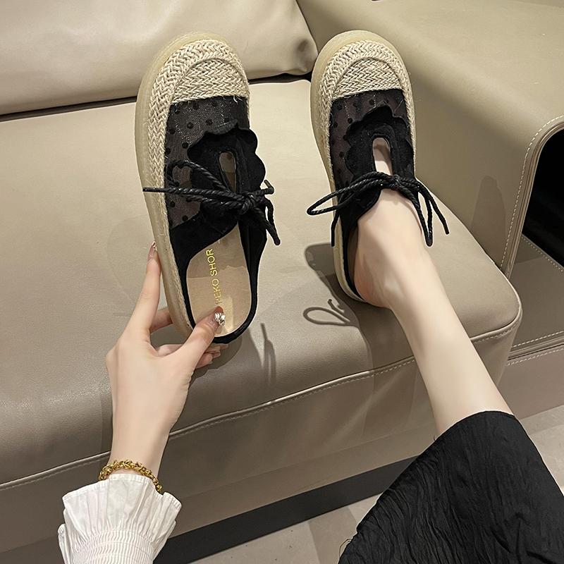 Fashion Fashion Mesh Wrapped Half Slippers Women's New Round Toe Shallow Mouth Splicing Front Lace-up Soft Sole Non-slip Flat Shoes
