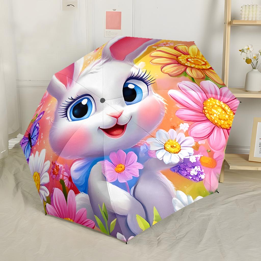 Vintage Festive Rabbit Art Automatic Umbrella Folding Umbrella with 8 Ribs Compact Design Travel Essential Fashionable Best for Christmas