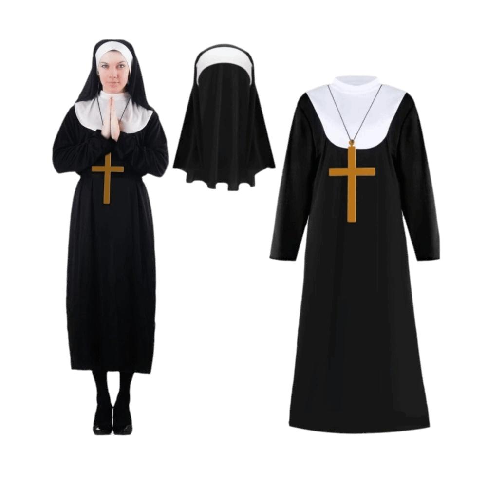 Celoplošný kostým Panny Marie Retro design Dlouhé šaty Dlouhý roucho Kostým Maškarní šaty Vintage styl Kostým jeptišky Halloweenská párty