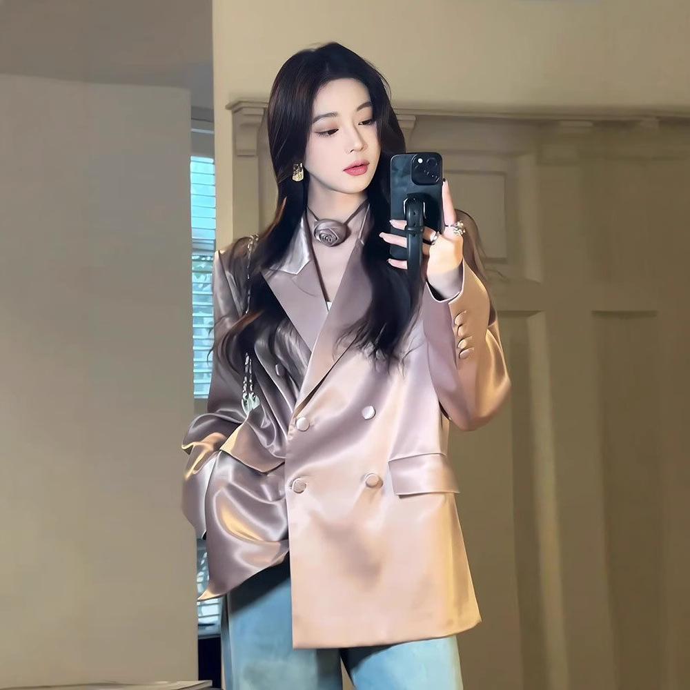 Niche Design Women's Satin Blazer - Double-Breasted, High-End Korean Fashion for Spring & Autumn 2025