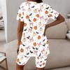 Women Plus Size Round Neck Short Sleeve Longline Top Printed Pumpkin Bat Bow White Two Piece Pajama Set