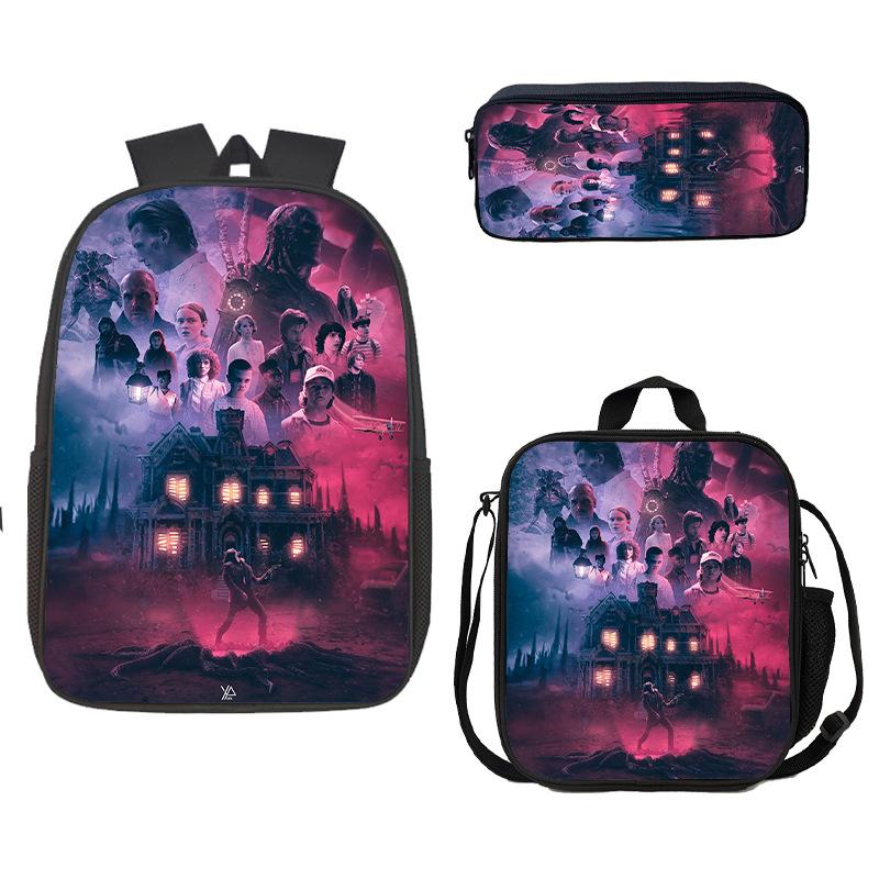 Stranger Things Schoolbag, Pencil Bag, Meal Bag To Map Z Three-Piece Large-Capacity Backpack Colorful