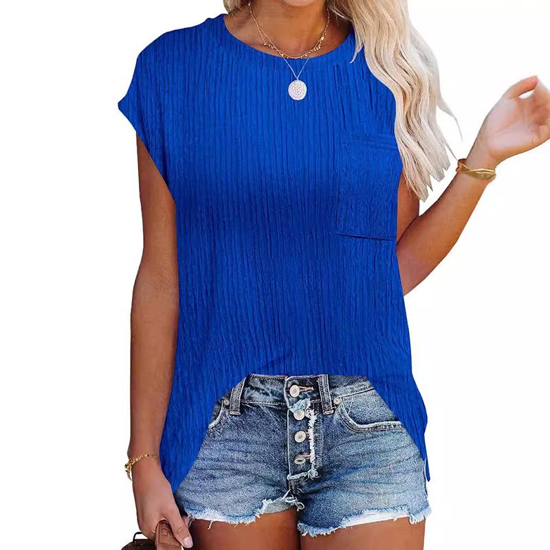 

Ladies Summer Short Sleeve O Neck Solid Color Single Pocket Breathable Pullover T Shirt Top XXL