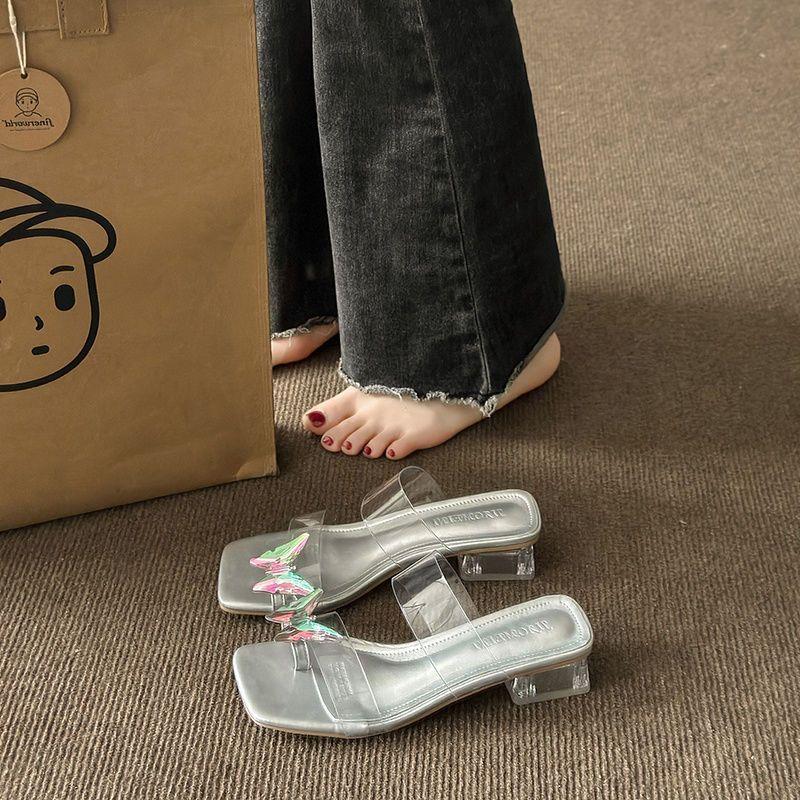 Transparent Word with Rhinestone Toe Cool Slippers 2025 New Fairy Style with Skirt Bow Crystal Slippers Woman