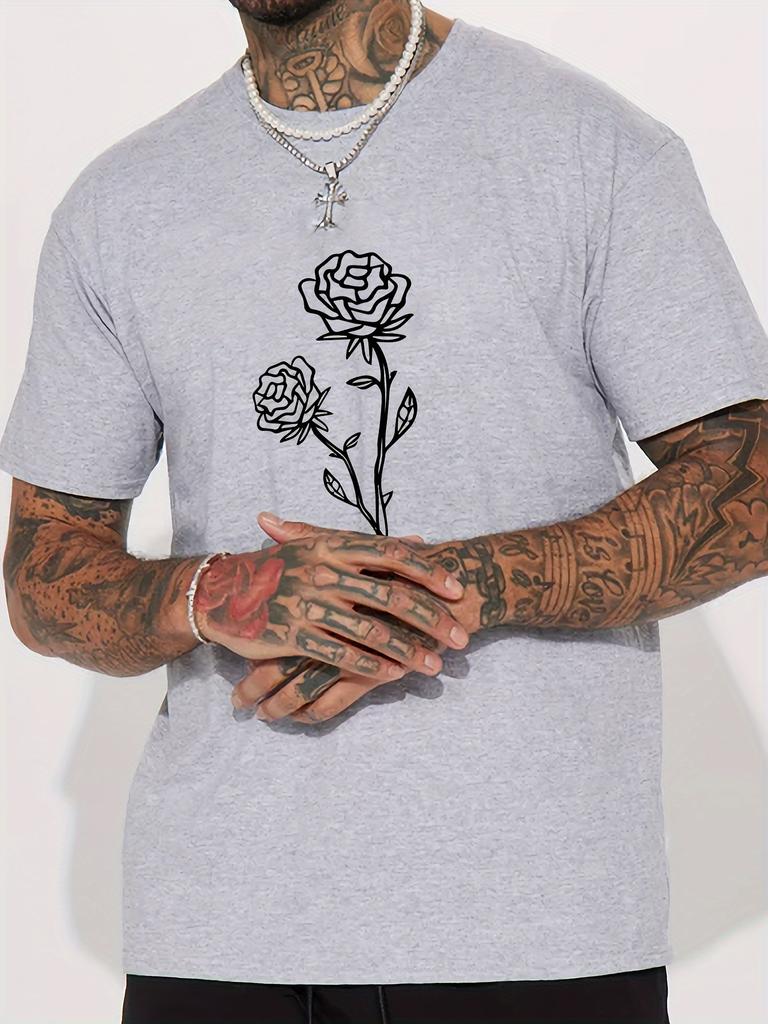 Unisex Summer Cotton Short Sleeve T Shirt Black Line Two Rose Stem Print Crew Neck Minimalist Aesthetic Street Casual Male Tee
