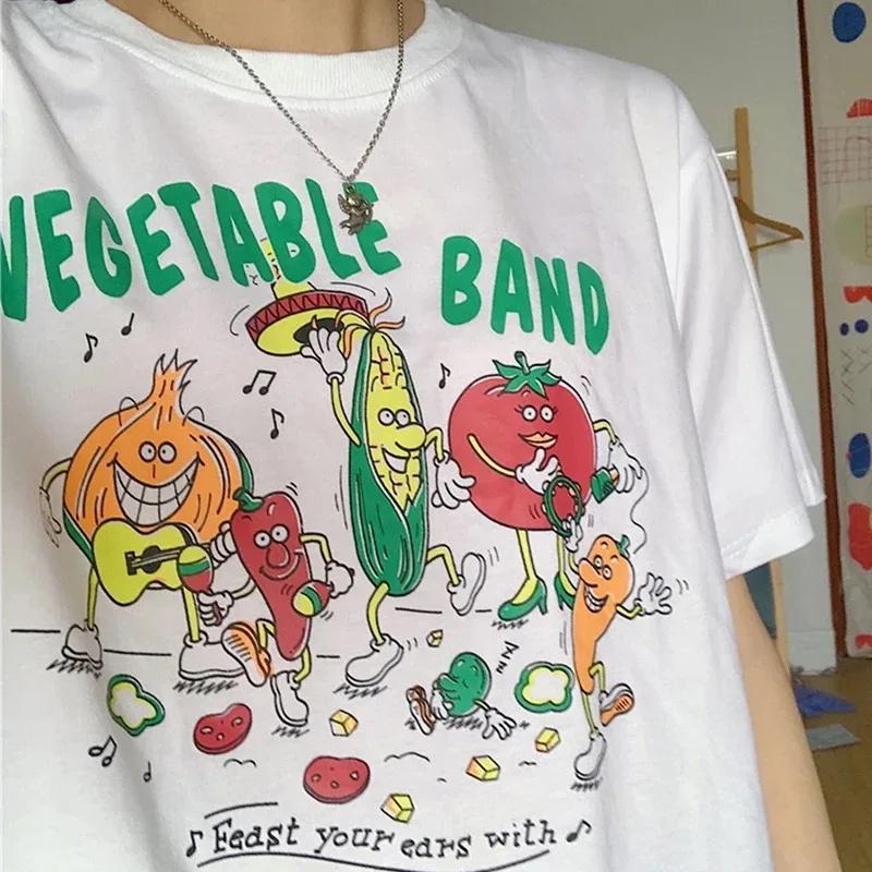 Vegetable Band Print Women T Shirt Harajuku Streetwear aesthetic Graphic Tee Cotton Short Sleeve Funny  Female Tops Clothes