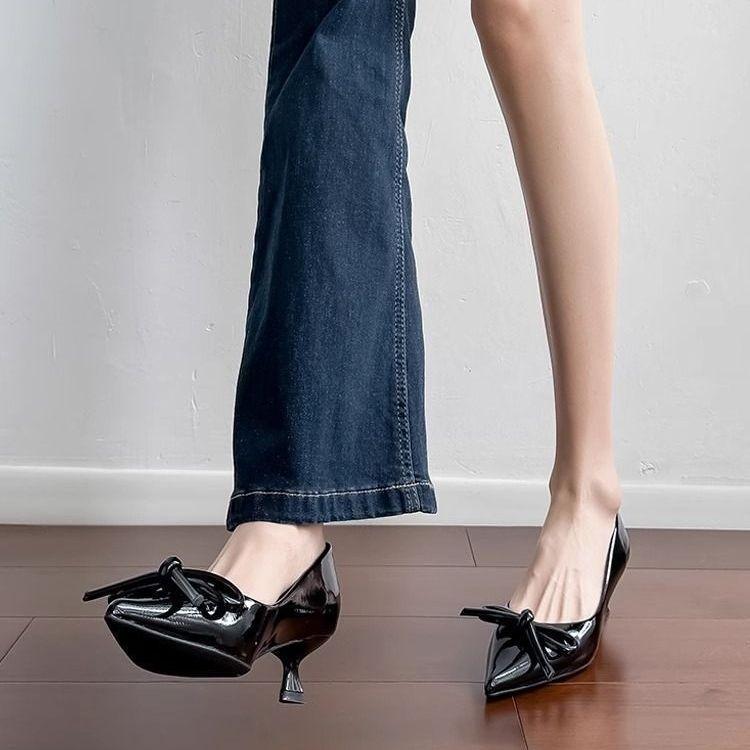 With skirt bow patent leather red thin heel pointed high heels 2025 summer new French shallow mouth single shoes women