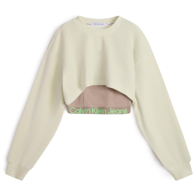 Sweat-shirt en velours à col rond et bande jacquard unie Calvin Klein pour femme, hauts, café clair J222300 XS beige