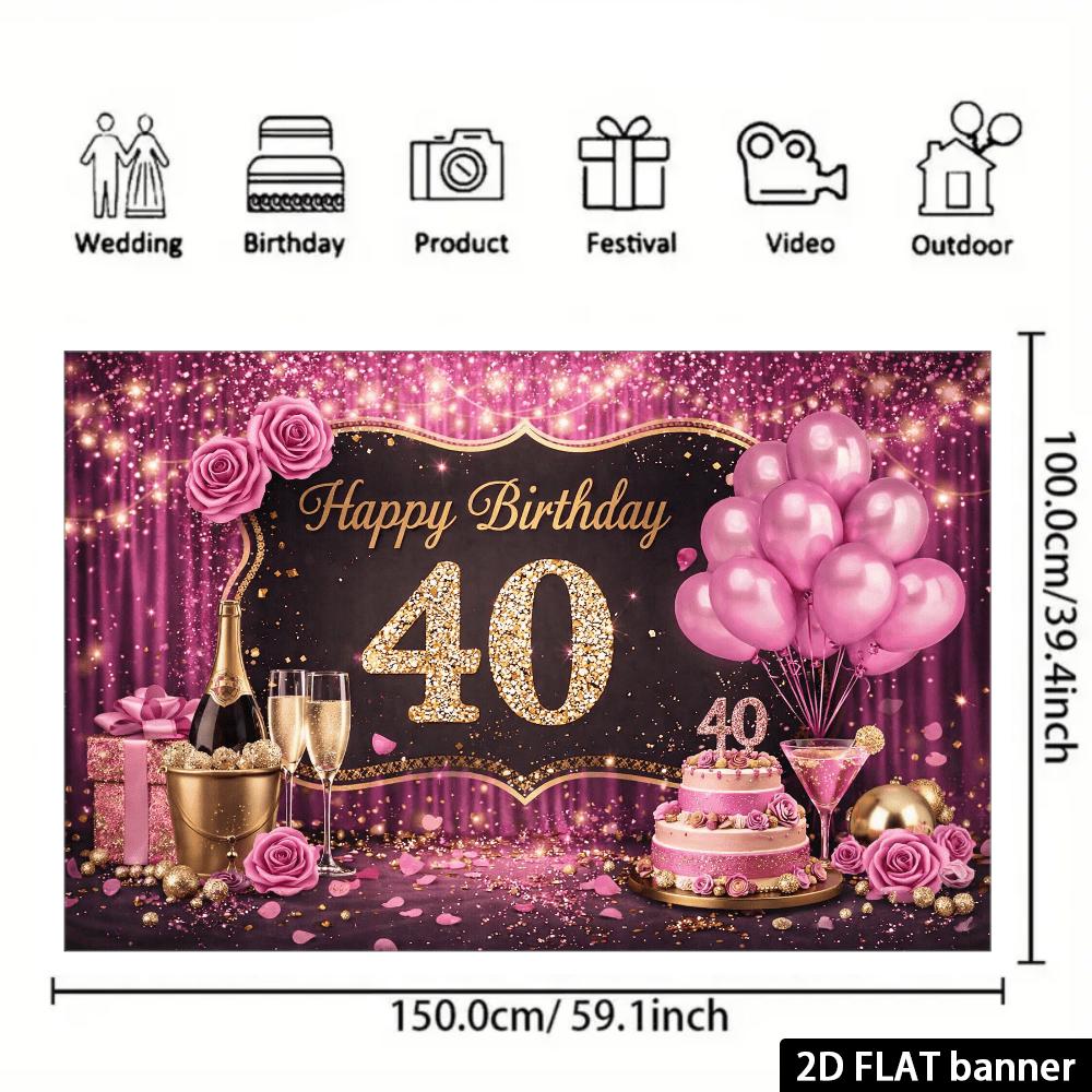 2D plane 40th birthday party backdrop - Pink and gold theme, for celebrating 40th birthday, made of polyester material