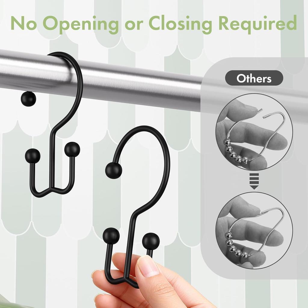 Amazer Black Shower Curtain Hooks, 12PCS Minimalist Simple Double Shower Curtain Rings, Rust-Resistant Metal Shower Hooks Shower Curtain Hangers,