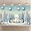 Winter Snow Scene Mural Featuring Polar Bears and Penguins with Snowflakes Pine Trees and Balloons -