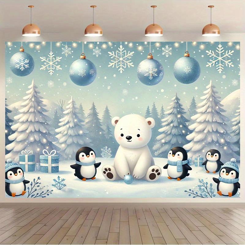 Winter Snow Scene Mural Featuring Polar Bears and Penguins with Snowflakes Pine Trees and Balloons -