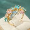 Gorgeous Inlaid Sea Blue CZ Leaves Enamel Women's Ring Gold Color Hand Carving Daily Wear Party Jewelry Anniversary Gift