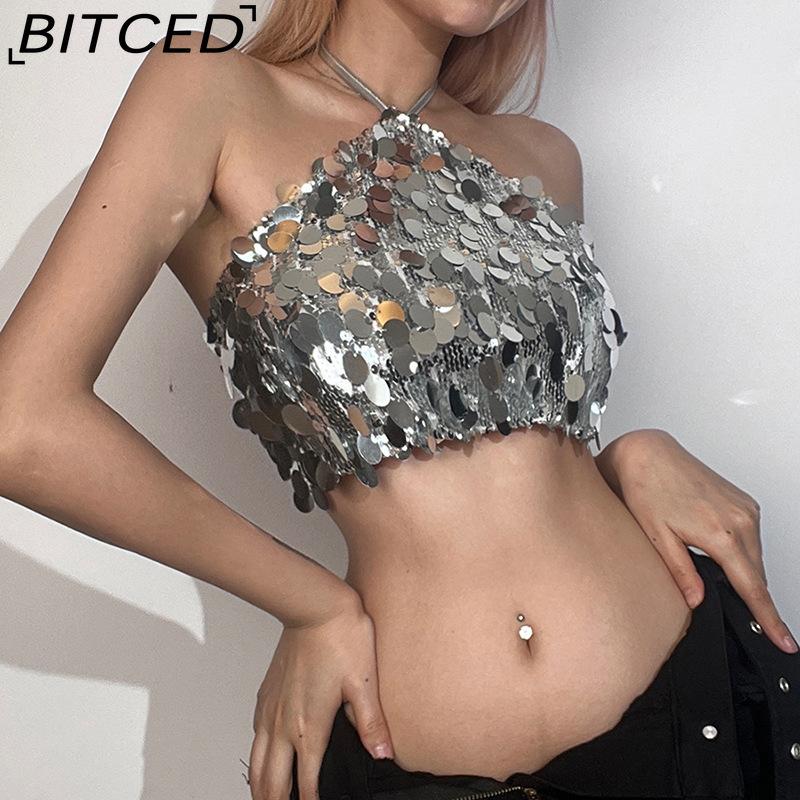 BITCED Summer Women's Fashion Sexy Halterneck Backless Sequinned Crop Top