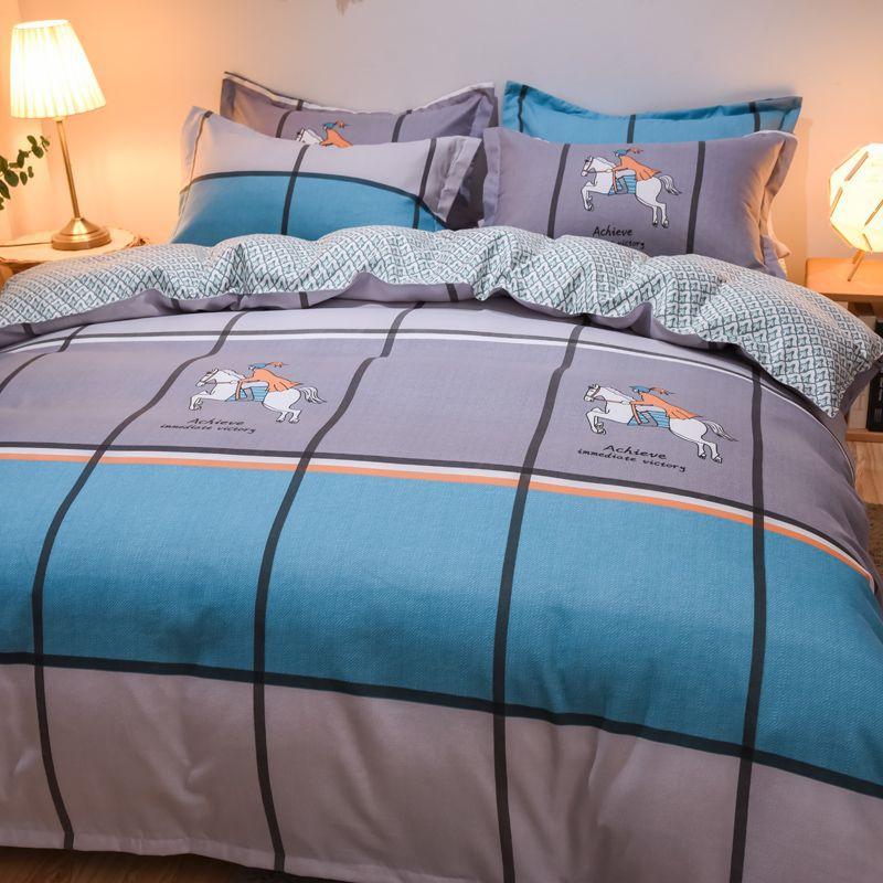 Vierteiliges Bettwäsche-Set, Bettwäsche, Gewaschene Baumwolle Sandgestrahlt Verdickter Bettbezug, Stepplaken, Studentenwohnheim Einzelbettbezug Dreiteiliges Set