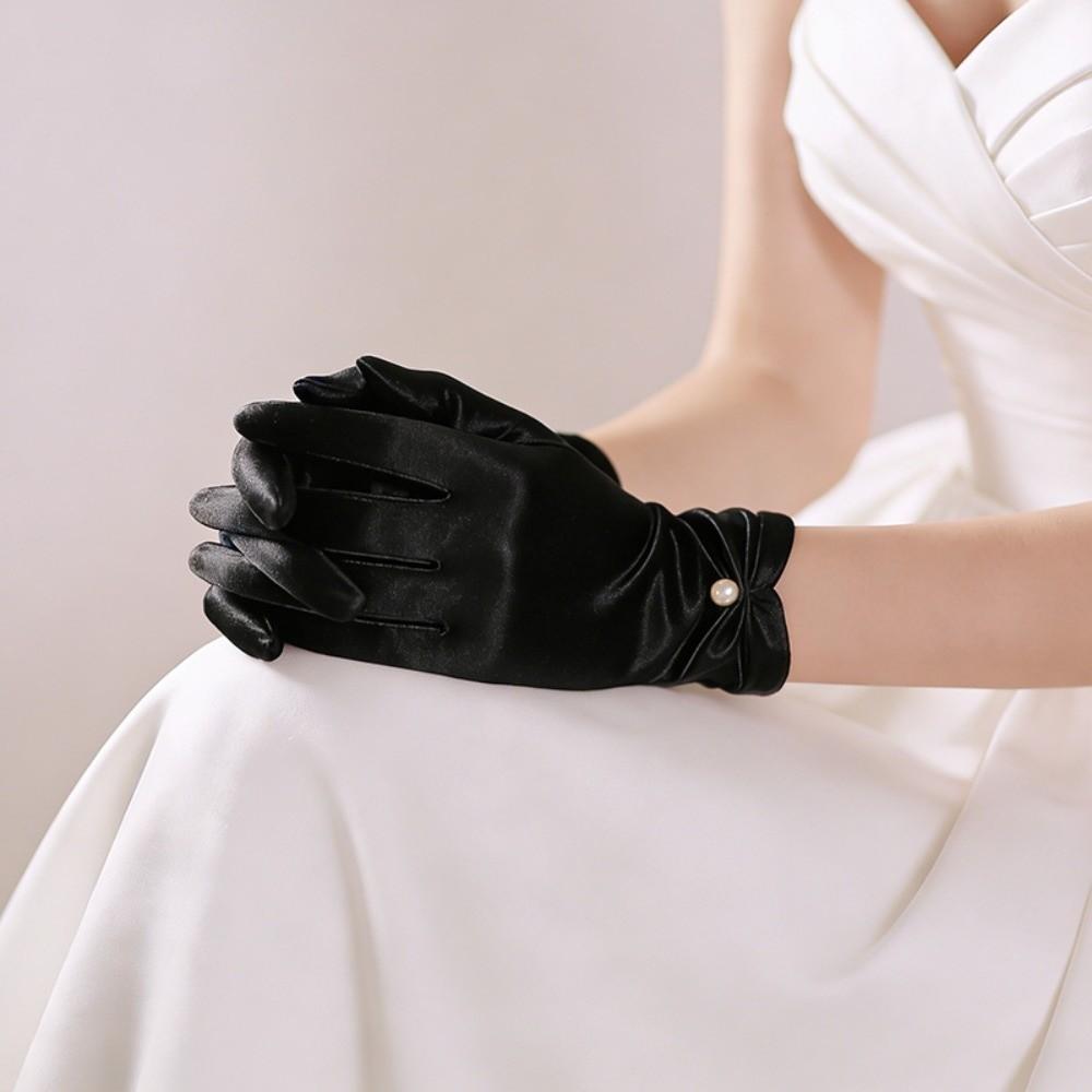 Pearl Decorative White Satin Bridal Gloves Wrist Length Women Silk Gloves Ladies