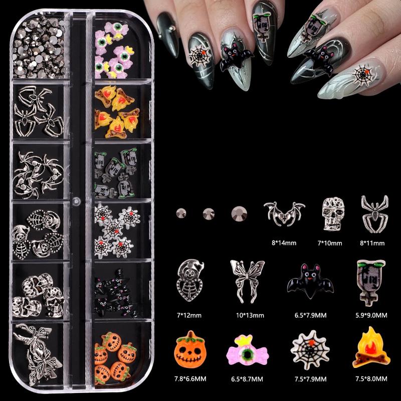 12 Grid Halloween Series Nail Art Jewelry Cartoon Ghost Pumpkin Spider Bat Nail Charms Diy Nail Art Decoration Accessories