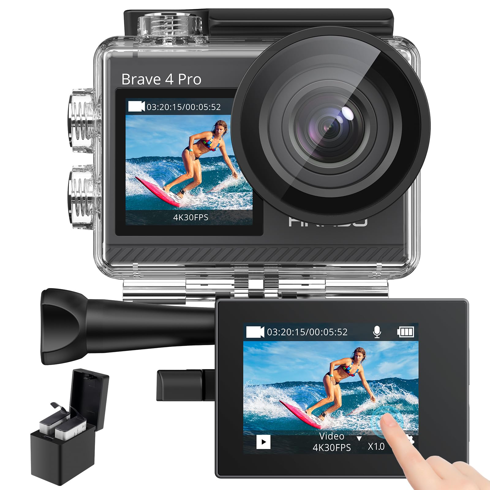 

AKASO Brave 4 Action Camera, 4K 20MP Resolution, Touch Panel, Dual Color Screen, 40M Waterproof, Underwater Camera, Image Stabilization, External Micr