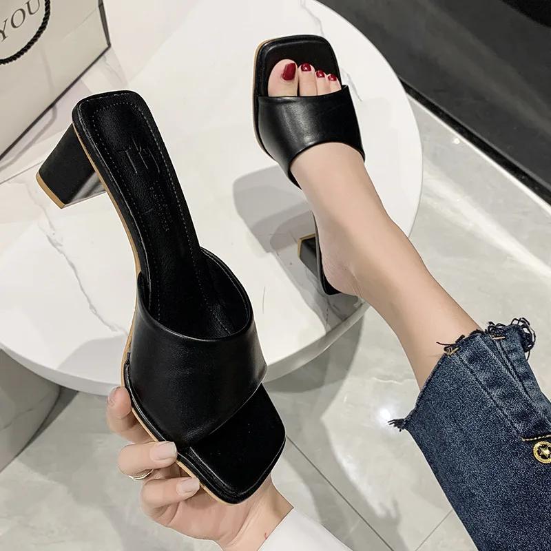 Fashion Summer New Women's Solid Color Candy Color Thick Heel Square Head Open Toe Sandals