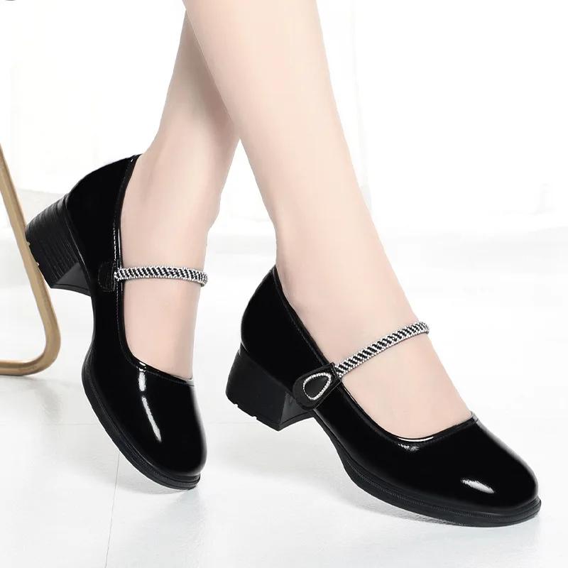 

4cm Fashion Comfortable Shallow Mouth Bright Leather Mary Janes 2025 Fall Loafers Med Block Heels Shoes Women for Office Mom 35