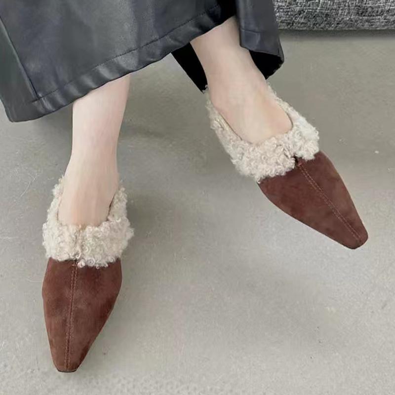 

Меховые женские туфли на плоской подошве из замши с острым носком, сексуальные туфли, новый бренд 2025 года, тренд, зимнее дизайнерское классическое модное платье Mujer Zapatillas 40