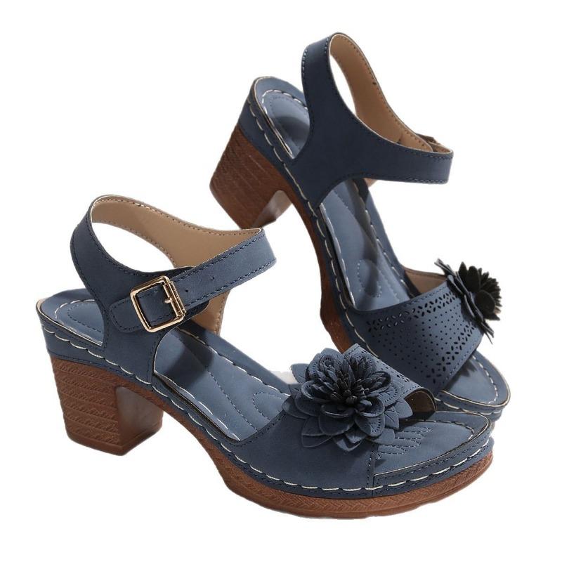 New flower high-heeled sandals thick heel one-word buckle women's sandals