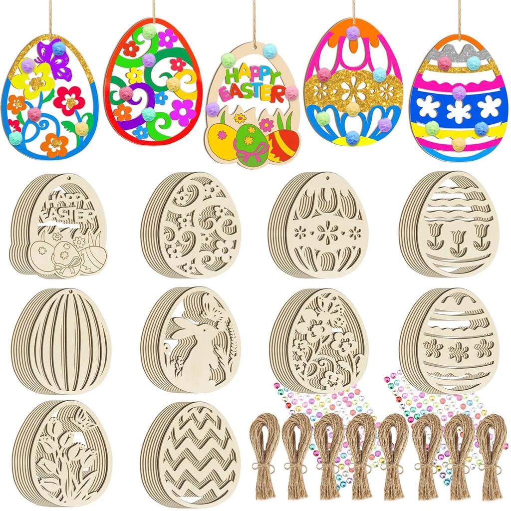 1 Set DIY Ostereier Holzscheiben Oster Hängeanhänger Unfertige Holzhandwerke für Glückliche Osterparty Kinder Graffiti Ei