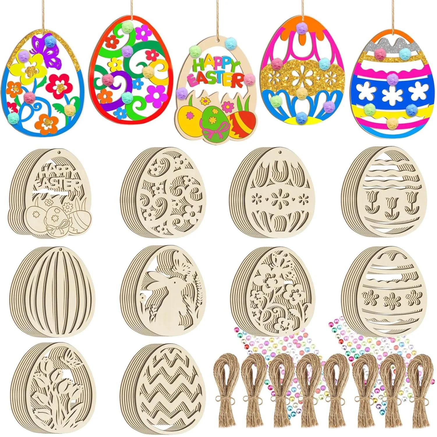 

1Set DIY Easter Egg Wood Slices Easter Hangbing Pendant Unfinished Wood Crafts for Happy Easter Party Kids Graffiti Egg