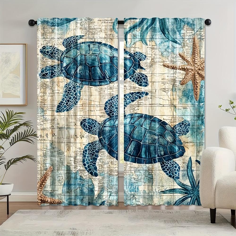 2pcs, Nautical Green Sea Turtle Curtains, Beach Theme Fabric Set with Blue Ocean Design, Ideal for Enhancing Coastal and Beach