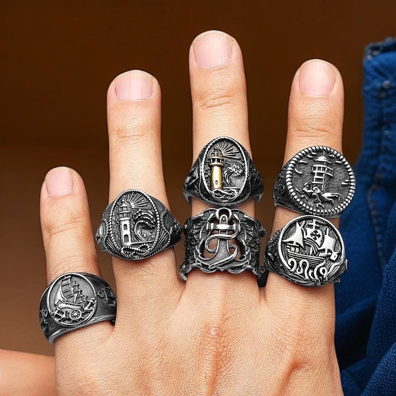 Vintage Anchor Lighthouse Ocean Sailor Ship Viking Rings Men Women Stainless Steel Ring Punk Rock Fashion Jewelry Dropshipping
