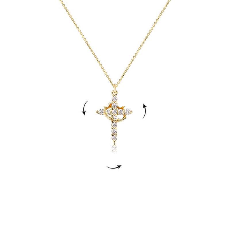 Rotatable Stainless Steel Crown Cross Pendant Necklace with Zirconia