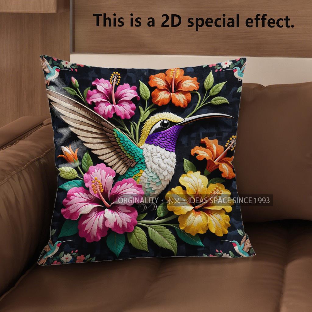 2D Tropical Hummingbird Floral Throw Pillow Covers Pattern Cushion Cover Suitable For Sofa Bedroom Car Pillow Cover